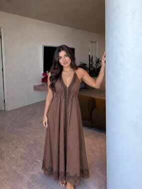 Thearah Light Brown Organic Cotton Embroidered Halter Maxi Dress, V Neck